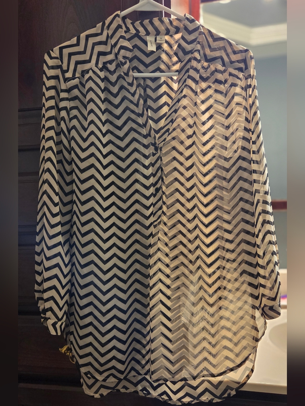 Tacera Black & Cream Chevron Sheer Button-Up Blouse